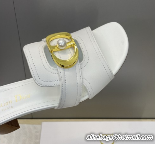 Grade Quality Dior 30 Montaigne Heeled Slides Sandal 4.5cm in Calfskin Leather with Pearl White 1217005