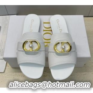 Luxury Dior 30 Montaigne Flat Slides Sandal in Calfskin Leather with Pearl White 1217006