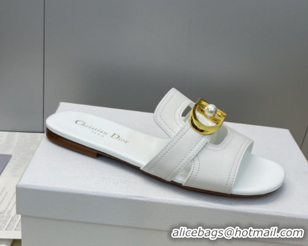 Luxury Dior 30 Montaigne Flat Slides Sandal in Calfskin Leather with Pearl White 1217006
