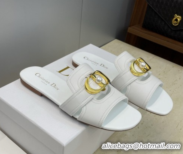 Luxury Dior 30 Montaigne Flat Slides Sandal in Calfskin Leather with Pearl White 1217006