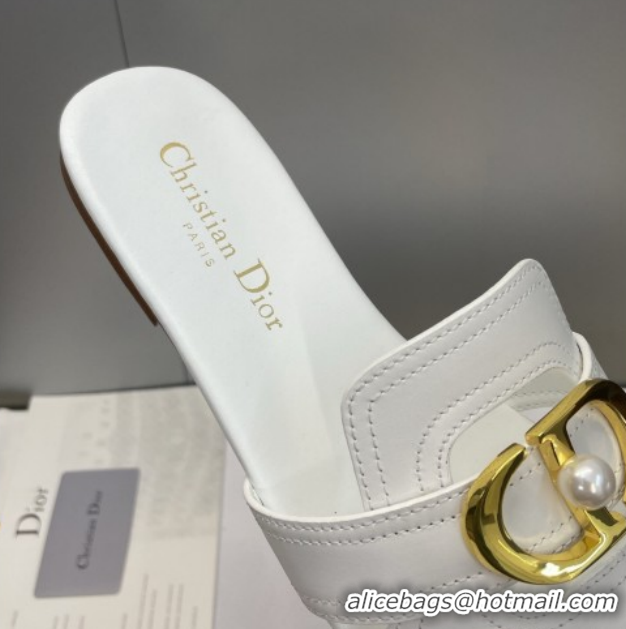 Luxury Dior 30 Montaigne Flat Slides Sandal in Calfskin Leather with Pearl White 1217006