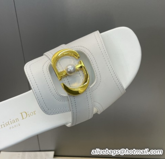 Luxury Dior 30 Montaigne Flat Slides Sandal in Calfskin Leather with Pearl White 1217006