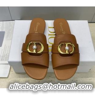 Classic Hot Dior 30 Montaigne Flat Slides Sandal in Calfskin Leather with Pearl Brown 1217007