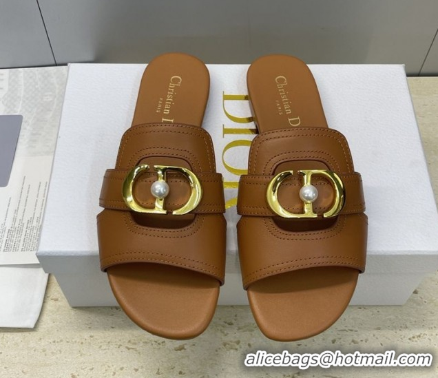Classic Hot Dior 30 Montaigne Flat Slides Sandal in Calfskin Leather with Pearl Brown 1217007