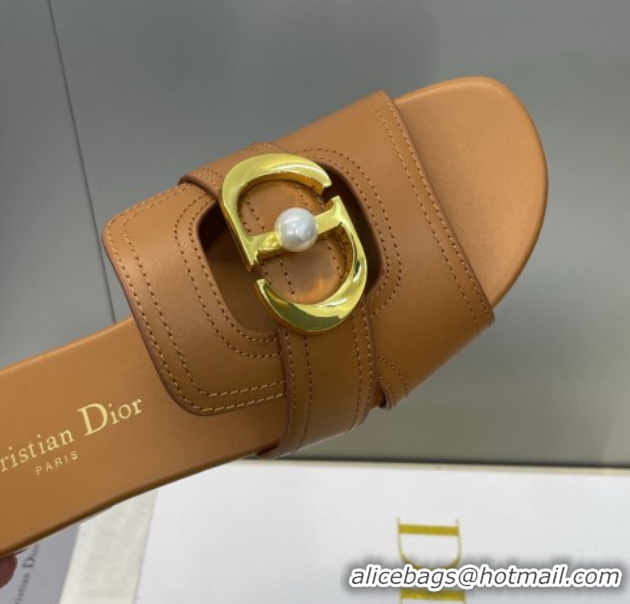 Classic Hot Dior 30 Montaigne Flat Slides Sandal in Calfskin Leather with Pearl Brown 1217007