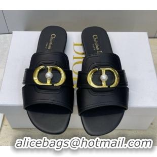 Low Cost Dior 30 Montaigne Flat Slides Sandal in Calfskin Leather with Pearl Black 1217008