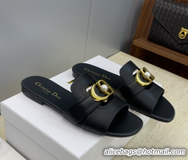 Low Cost Dior 30 Montaigne Flat Slides Sandal in Calfskin Leather with Pearl Black 1217008