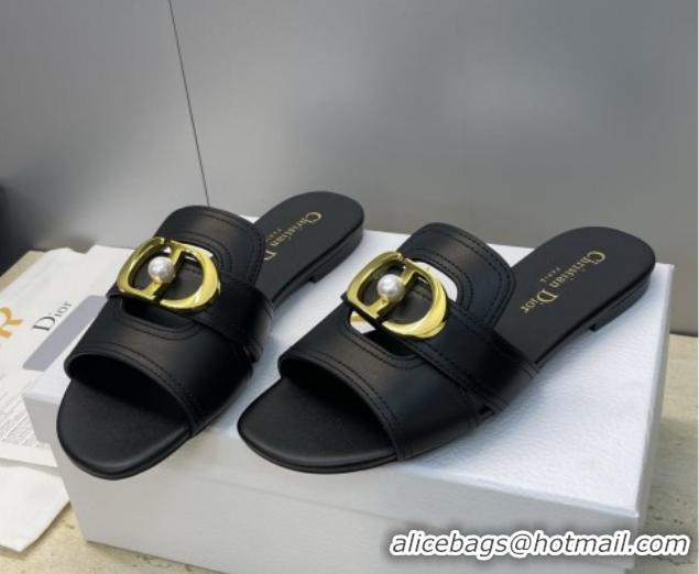 Low Cost Dior 30 Montaigne Flat Slides Sandal in Calfskin Leather with Pearl Black 1217008