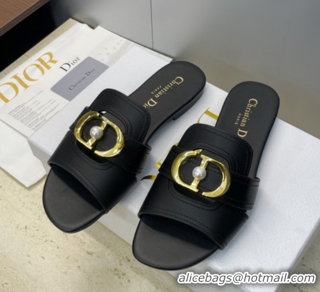 Low Cost Dior 30 Montaigne Flat Slides Sandal in Calfskin Leather with Pearl Black 1217008