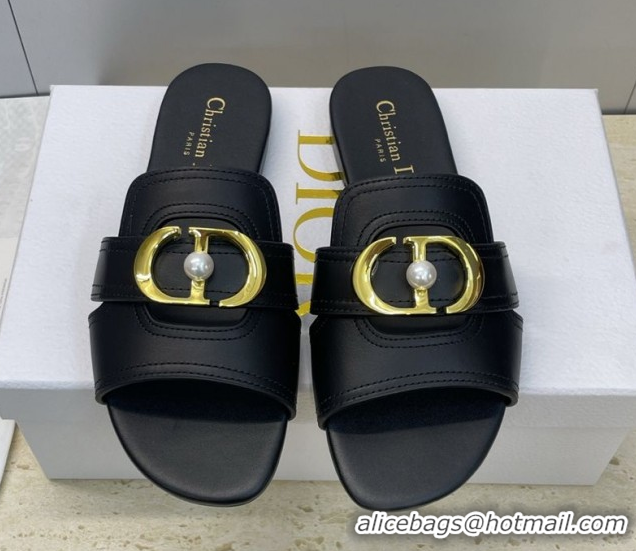 Low Cost Dior 30 Montaigne Flat Slides Sandal in Calfskin Leather with Pearl Black 1217008