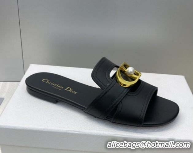 Low Cost Dior 30 Montaigne Flat Slides Sandal in Calfskin Leather with Pearl Black 1217008