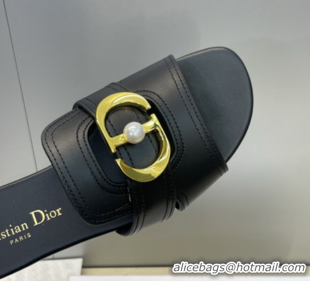 Low Cost Dior 30 Montaigne Flat Slides Sandal in Calfskin Leather with Pearl Black 1217008