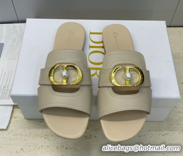 Top Design Dior 30 Montaigne Flat Slides Sandal in Calfskin Leather with Pearl Beige 1217009