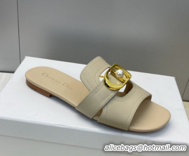 Top Design Dior 30 Montaigne Flat Slides Sandal in Calfskin Leather with Pearl Beige 1217009