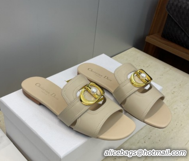 Top Design Dior 30 Montaigne Flat Slides Sandal in Calfskin Leather with Pearl Beige 1217009
