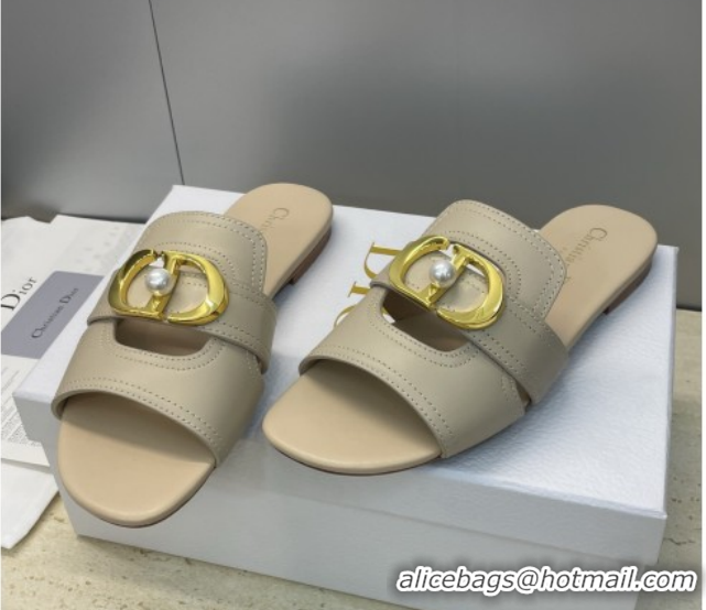 Top Design Dior 30 Montaigne Flat Slides Sandal in Calfskin Leather with Pearl Beige 1217009