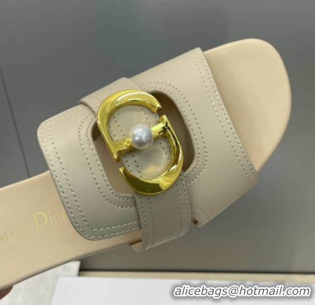 Top Design Dior 30 Montaigne Flat Slides Sandal in Calfskin Leather with Pearl Beige 1217009