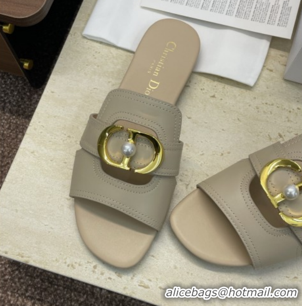 Top Design Dior 30 Montaigne Flat Slides Sandal in Calfskin Leather with Pearl Beige 1217009
