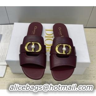 Good Quality Dior 30 Montaigne Flat Slides Sandal in Calfskin Leather with Pearl Dark Burgundy 1217010