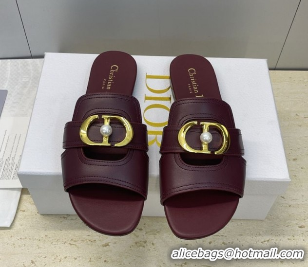 Good Quality Dior 30 Montaigne Flat Slides Sandal in Calfskin Leather with Pearl Dark Burgundy 1217010