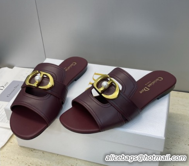 Good Quality Dior 30 Montaigne Flat Slides Sandal in Calfskin Leather with Pearl Dark Burgundy 1217010