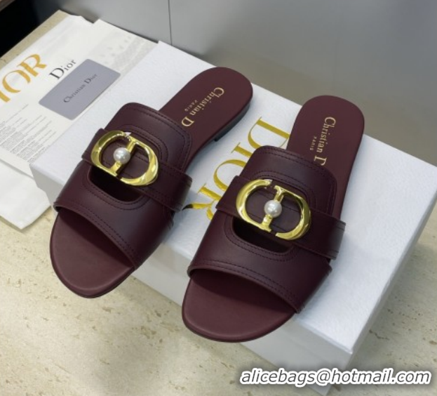 Good Quality Dior 30 Montaigne Flat Slides Sandal in Calfskin Leather with Pearl Dark Burgundy 1217010