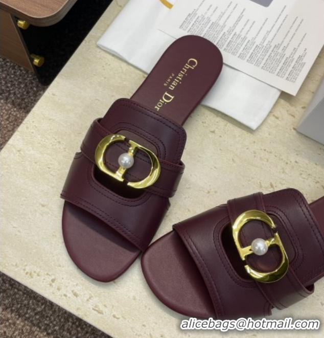 Good Quality Dior 30 Montaigne Flat Slides Sandal in Calfskin Leather with Pearl Dark Burgundy 1217010