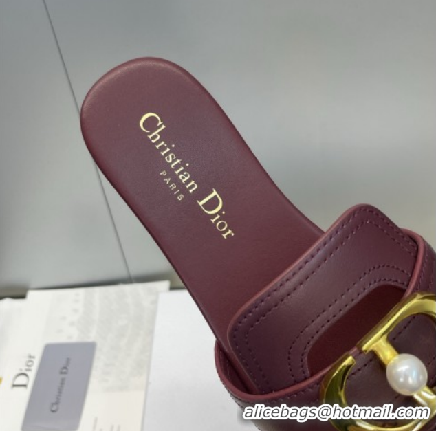Good Quality Dior 30 Montaigne Flat Slides Sandal in Calfskin Leather with Pearl Dark Burgundy 1217010