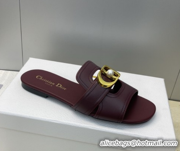 Good Quality Dior 30 Montaigne Flat Slides Sandal in Calfskin Leather with Pearl Dark Burgundy 1217010