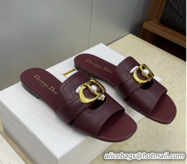 Good Quality Dior 30 Montaigne Flat Slides Sandal in Calfskin Leather with Pearl Dark Burgundy 1217010
