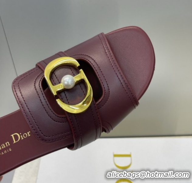 Good Quality Dior 30 Montaigne Flat Slides Sandal in Calfskin Leather with Pearl Dark Burgundy 1217010