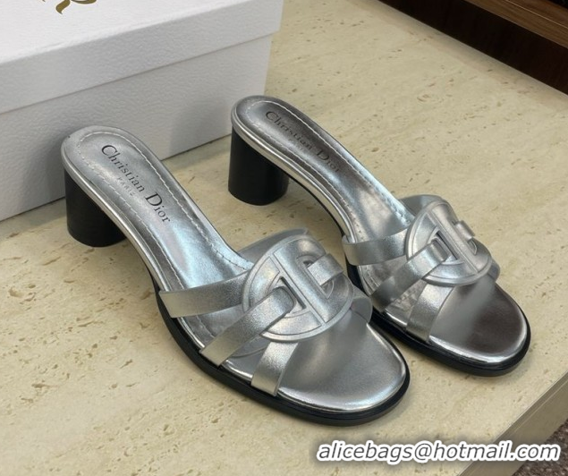 Luxury Dior D-Club Heeled Slides Sandal 6cm in Calfskin Leather Silver DR121701 1217012