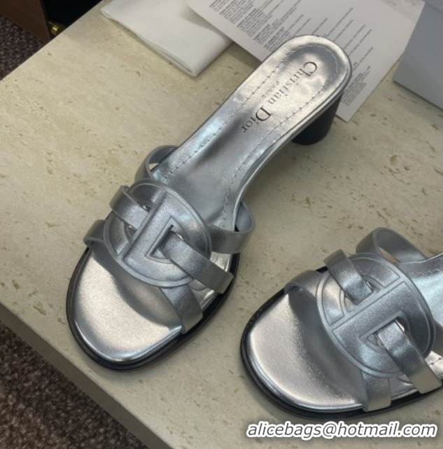 Luxury Dior D-Club Heeled Slides Sandal 6cm in Calfskin Leather Silver DR121701 1217012