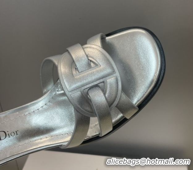 Luxury Dior D-Club Heeled Slides Sandal 6cm in Calfskin Leather Silver DR121701 1217012