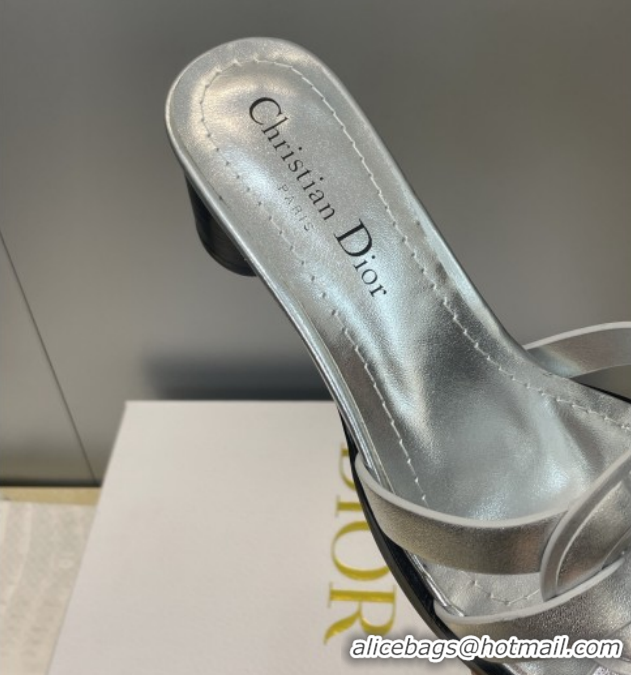 Luxury Dior D-Club Heeled Slides Sandal 6cm in Calfskin Leather Silver DR121701 1217012