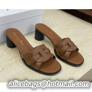 Shop Duplicate Dior D-Club Heeled Slides Sandal 6cm in Calfskin Leather Brown DR121701 1217013