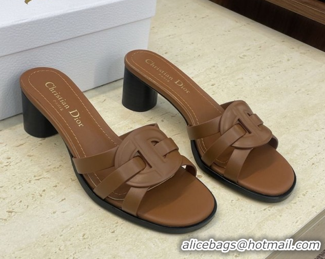 Shop Duplicate Dior D-Club Heeled Slides Sandal 6cm in Calfskin Leather Brown DR121701 1217013