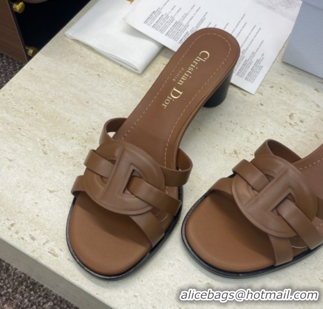 Shop Duplicate Dior D-Club Heeled Slides Sandal 6cm in Calfskin Leather Brown DR121701 1217013