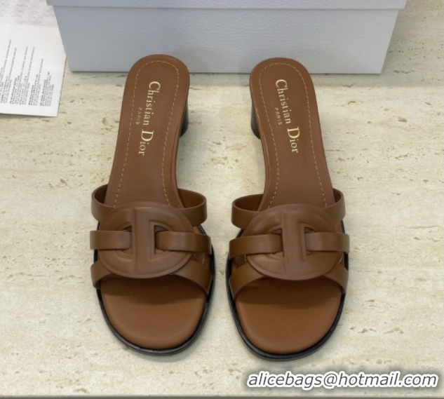 Shop Duplicate Dior D-Club Heeled Slides Sandal 6cm in Calfskin Leather Brown DR121701 1217013
