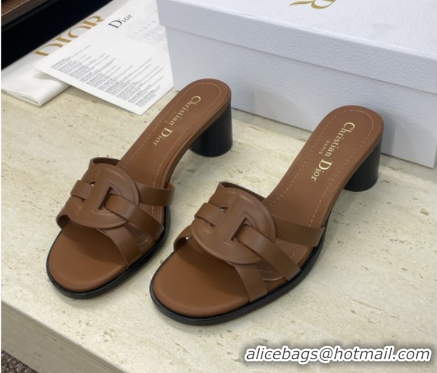 Shop Duplicate Dior D-Club Heeled Slides Sandal 6cm in Calfskin Leather Brown DR121701 1217013