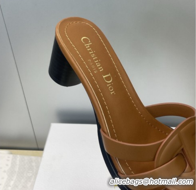 Shop Duplicate Dior D-Club Heeled Slides Sandal 6cm in Calfskin Leather Brown DR121701 1217013