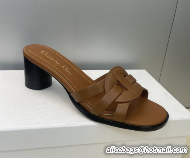 Shop Duplicate Dior D-Club Heeled Slides Sandal 6cm in Calfskin Leather Brown DR121701 1217013