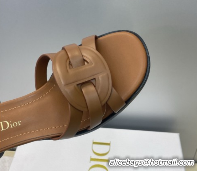Shop Duplicate Dior D-Club Heeled Slides Sandal 6cm in Calfskin Leather Brown DR121701 1217013
