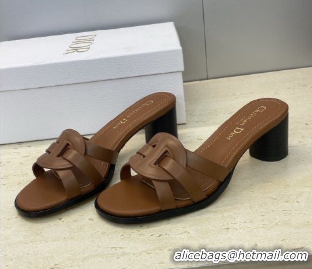 Shop Duplicate Dior D-Club Heeled Slides Sandal 6cm in Calfskin Leather Brown DR121701 1217013