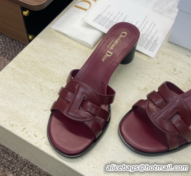 Top Grade Dior D-Club Heeled Slides Sandal 6cm in Calfskin Leather Dark Burgundy DR121701 1217015