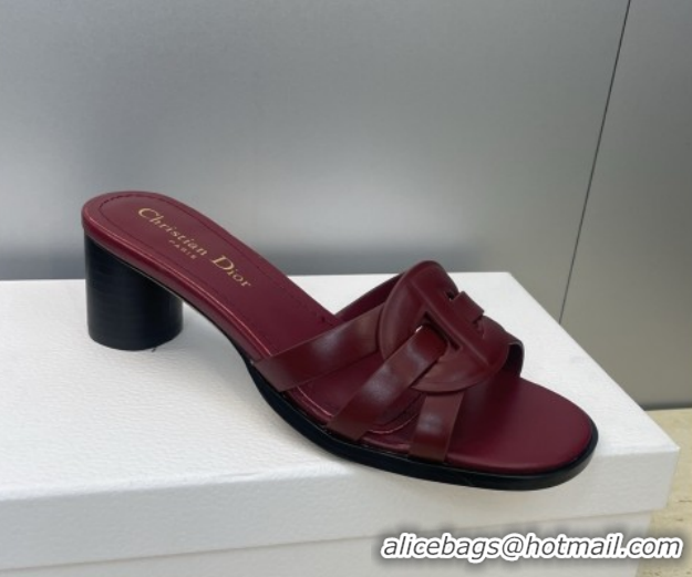 Top Grade Dior D-Club Heeled Slides Sandal 6cm in Calfskin Leather Dark Burgundy DR121701 1217015