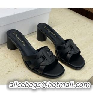 Charming Dior D-Club Heeled Slides Sandal 6cm in Calfskin Leather Black DR121701 1217017