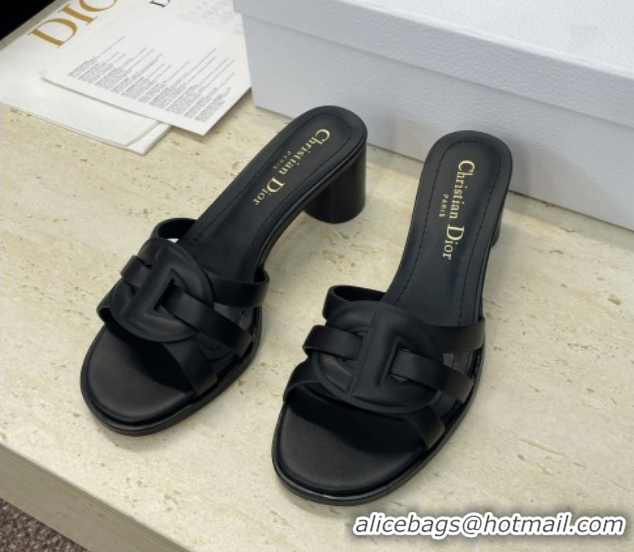 Charming Dior D-Club Heeled Slides Sandal 6cm in Calfskin Leather Black DR121701 1217017