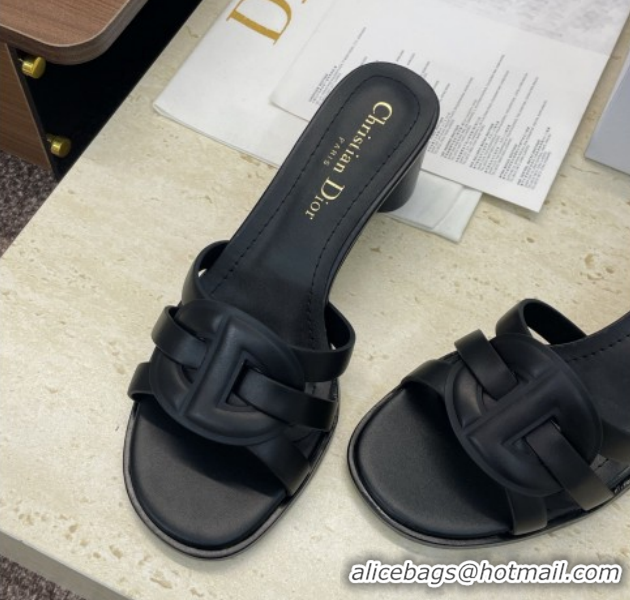 Charming Dior D-Club Heeled Slides Sandal 6cm in Calfskin Leather Black DR121701 1217017