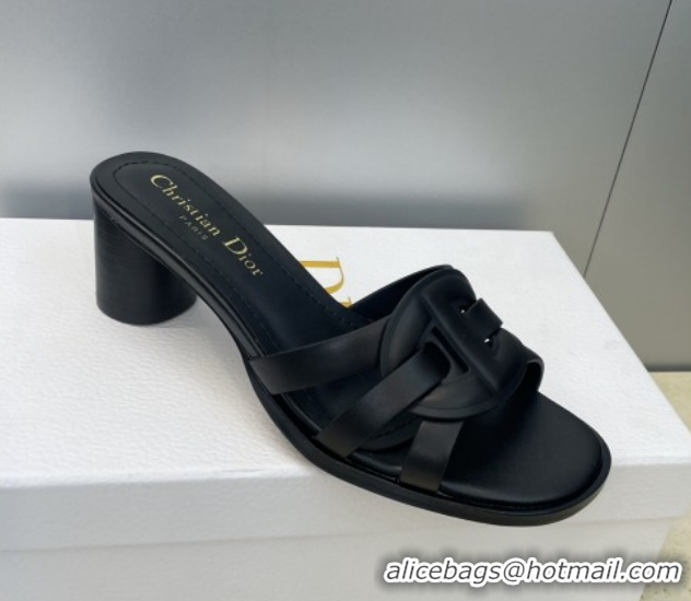 Charming Dior D-Club Heeled Slides Sandal 6cm in Calfskin Leather Black DR121701 1217017